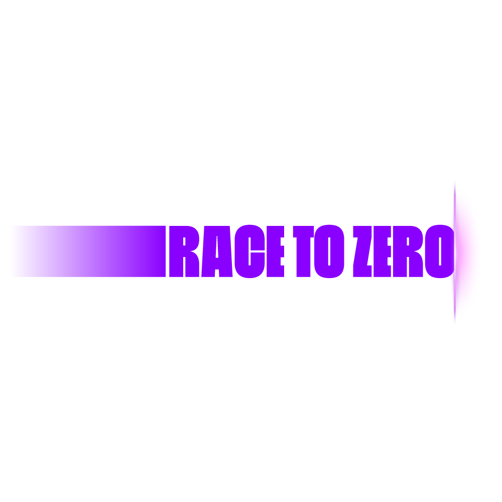 Bild mit weißem Hintergrund und lila Buchstaben mit der Aufschrift Race to zero